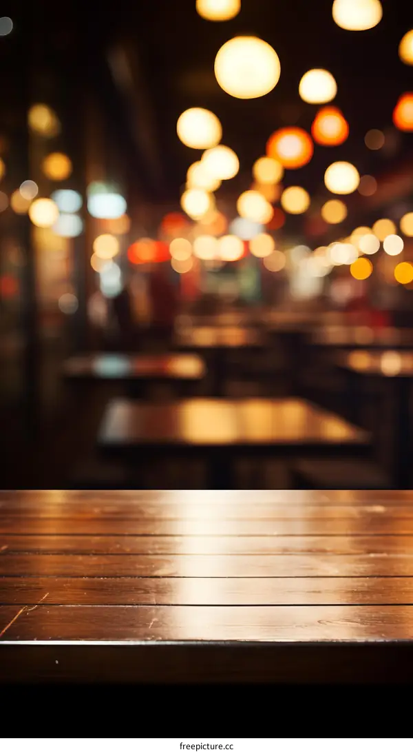 Blurred interior of restaurant with hanging lights and empty table in the foreground