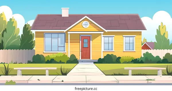 Yellow House with Green Grass and a Wooden Fence