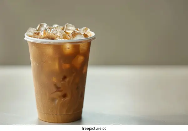 Iced coffee in a plastic cup on a table