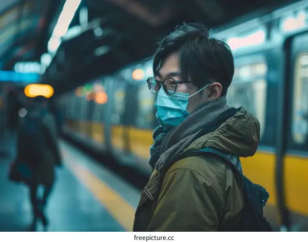 A young man wearing a mask is waiting for the subway.