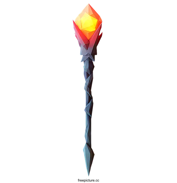 [Transparent Background PNG]Low Poly Magic Staff with Burning Gem