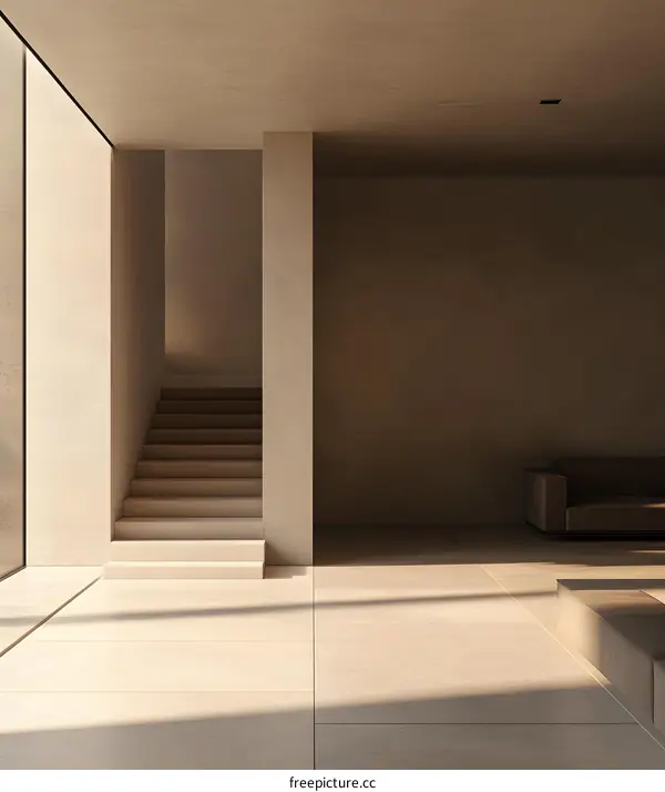 Minimalist Modern Interior Design with Beige Walls and Concrete Stairs