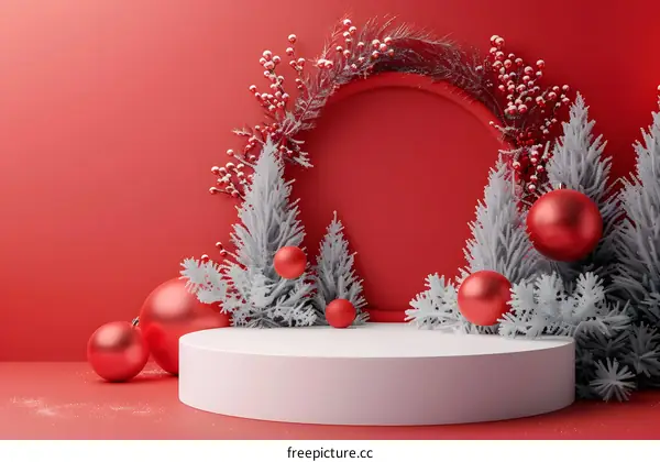 Red Christmas Background With White Podium And Ornaments