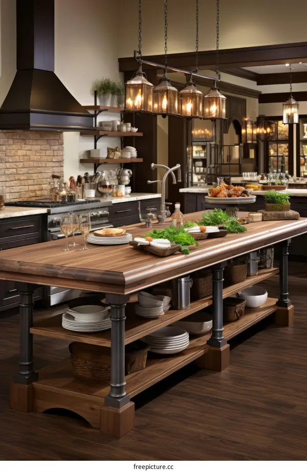 Rustic Kitchen Island With Dark Cabinets and Wood Shelves