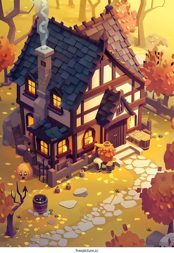 Autumn Cottage with Pumpkin and Path