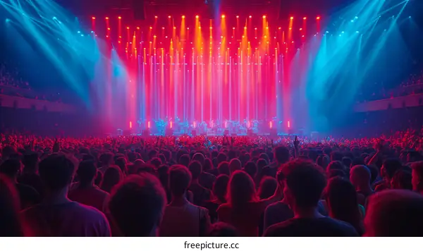 People watching a concert with red and blue stage lights