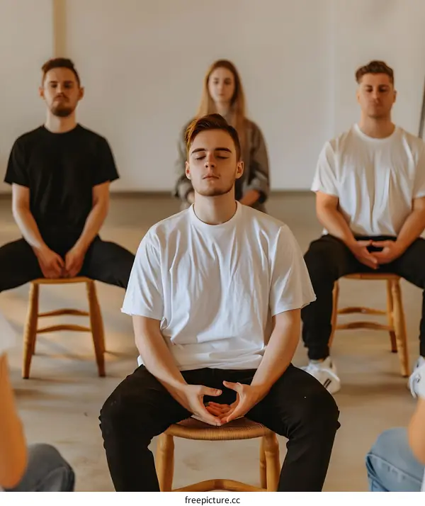Group of Young Men Practicing Meditation While Sitting on Chairs in a Room