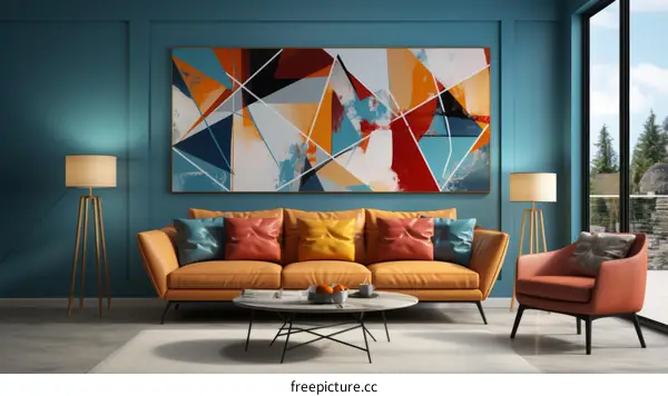 Blue and orange living room with abstract painting