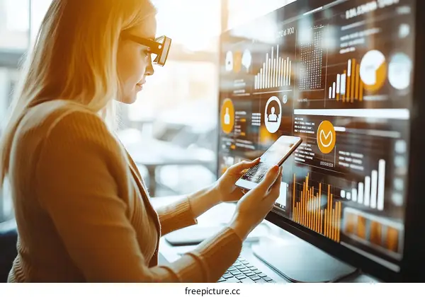 Business Woman Analyzing Data on a Large Screen