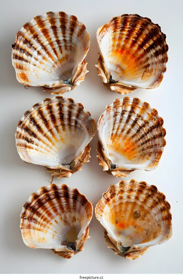 Six Open Scallop Shells on White Background