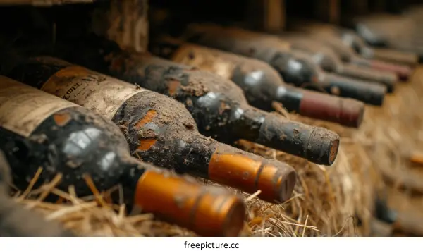 Close up of a rack of dusty wine bottles in a cellar