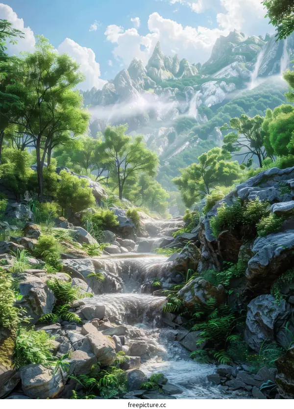 Enchanted River and Mountain Fantasy Landscape