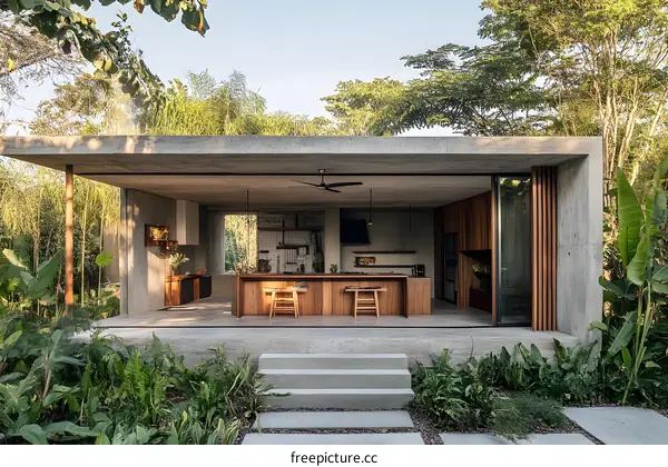 Modern Concrete House with Kitchen and Garden