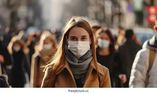 Woman Wearing Face Mask Walking Through a Crowded City Street
