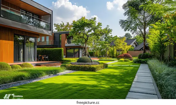 Courtyard with green lawn and modern architecture