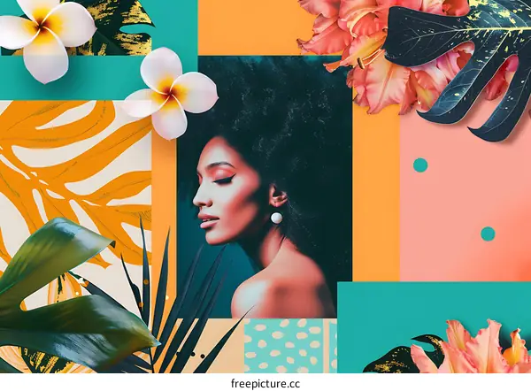Tropical Collage with Woman and Flowers