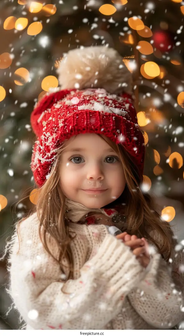 Little Girl in Red and White Winter Hat and Sweater