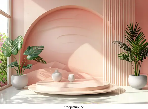 Pink Podium with Plants and Window