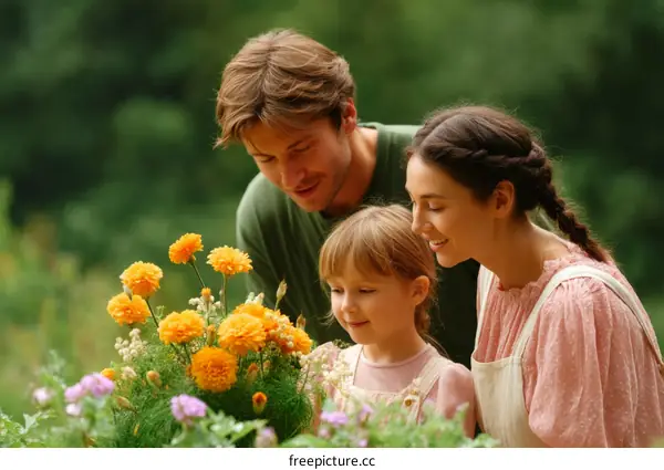 Family enjoys beautiful flowers in garden