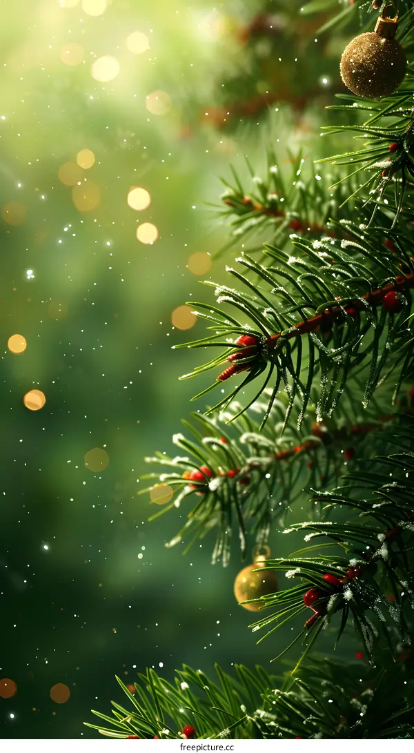 Christmas tree with golden ornaments and red berries