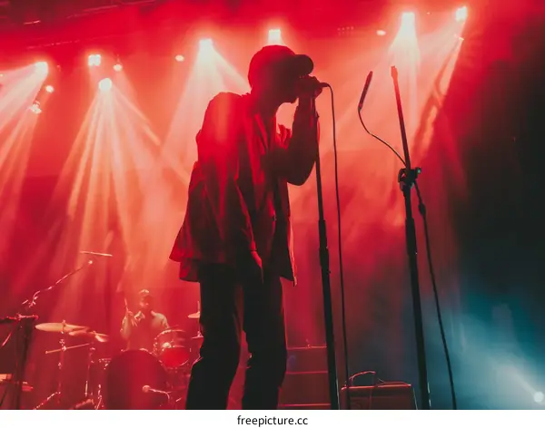Man on stage with red background lights singing
