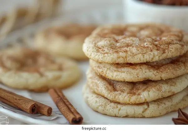 A stack of four snickerdoodle cookies with cinnamon sticks on the side