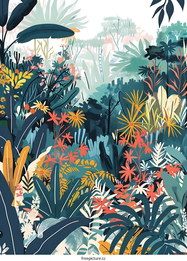 Jungle Pattern Illustration With Colorful Flowers And Green Leaves