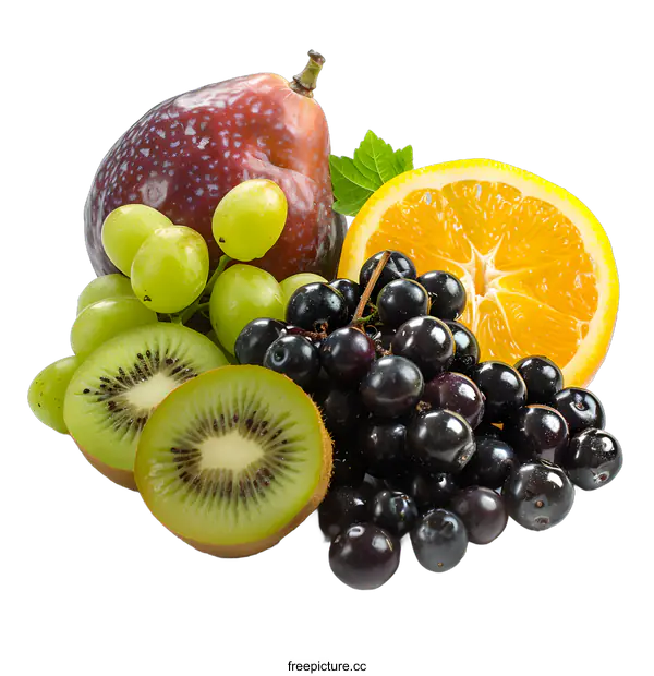 [Transparent Background PNG]Fresh Fruit Mix with Kiwi, Grapes, Orange and Pear