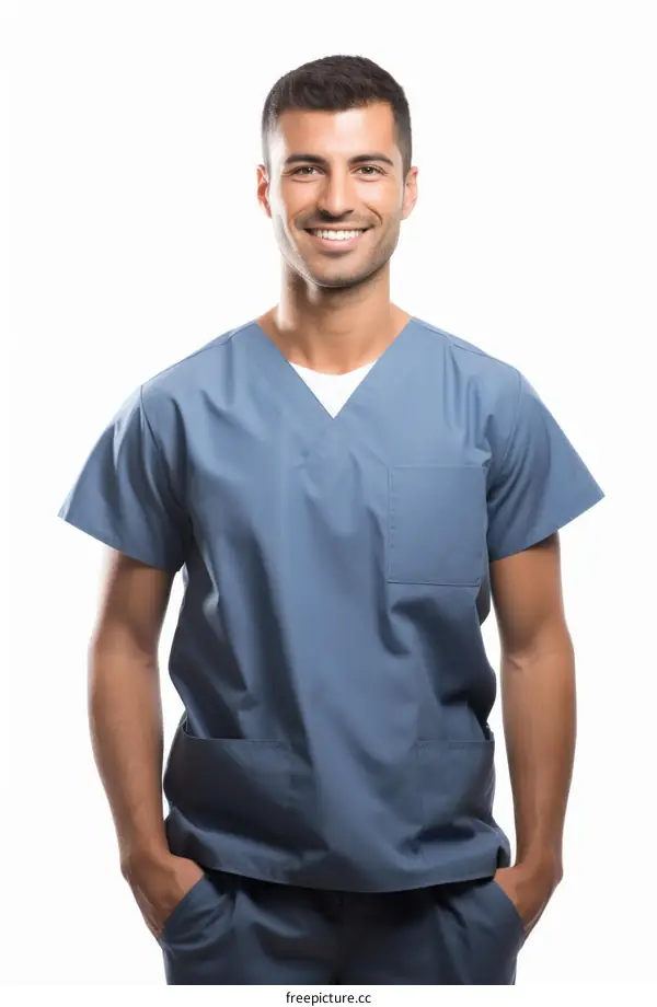 Portrait of a smiling young male doctor in blue scrubs