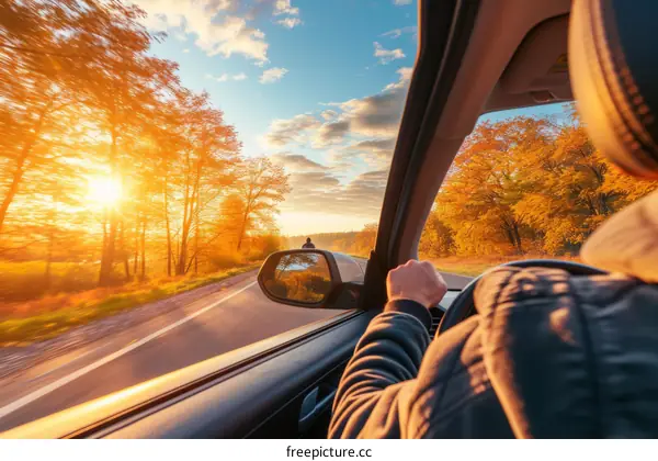 A driver is driving on a country road in the autumn. The road is lined with trees and the leaves are turning yellow and orange. The sun is setting and the sky is a bright orange.