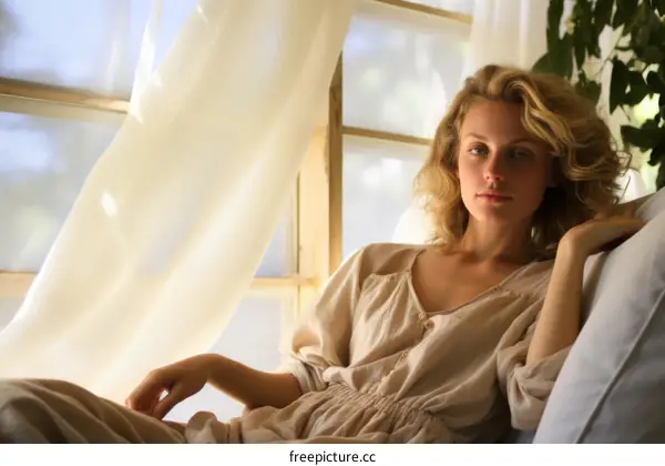 Young woman with blond hair sitting on a chair in front of a window
