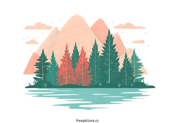 Mountain Landscape with Trees and Lake Illustration