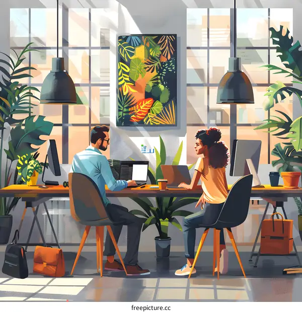 A couple is working in a modern office decorated with indoor plants.