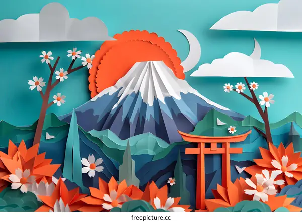 Mount Fuji in the style of paper art