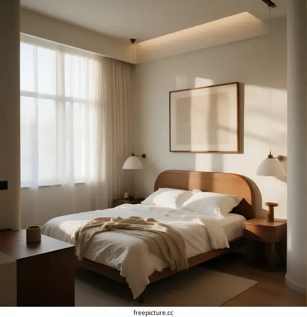 Minimalist bedroom with wooden bed and large window