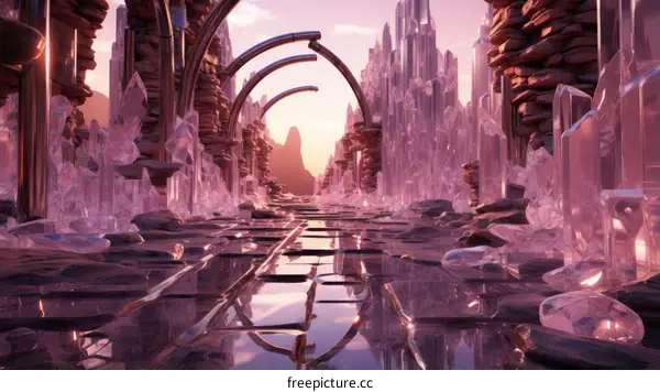 fantasy landscape with pink crystals and a walkway