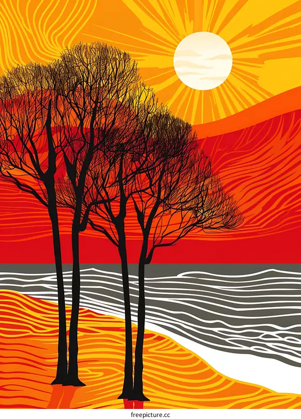 Sunset Illustration With Three Bare Trees And Striped Landscape