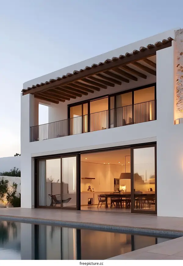 Modern White House with Swimming Pool and Wooden Beams