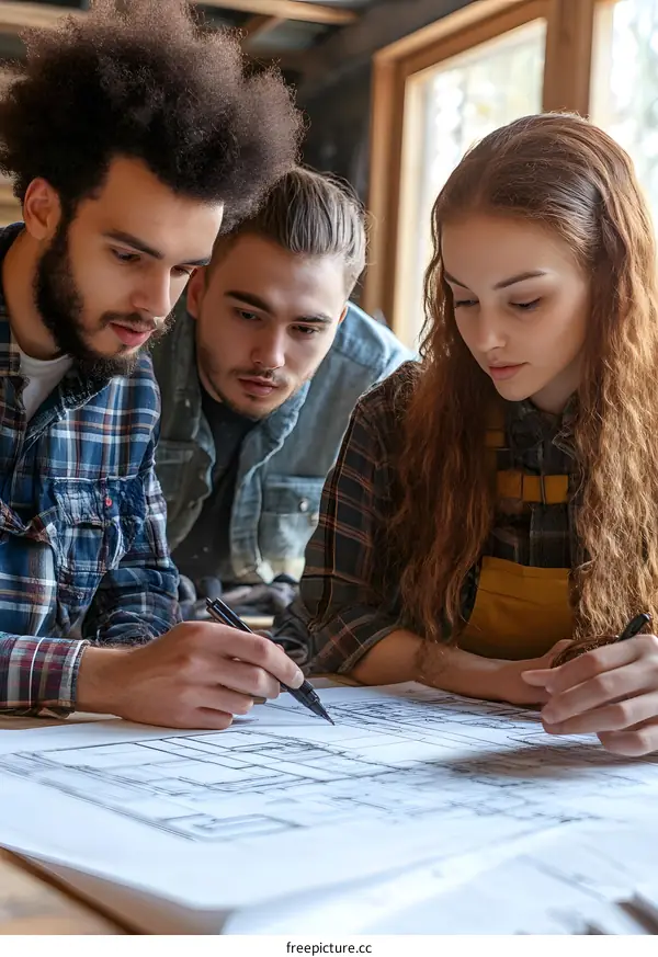 Team of Architects Working on Blueprint in Workshop