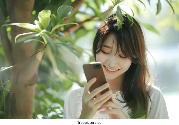 Smiling Asian Woman Using Mobile Phone in Park