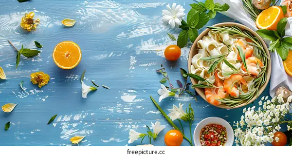 Shrimp Pasta with Herbs and Flowers on Blue Wooden Background