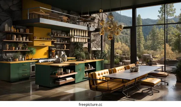 Modern kitchen with forest view