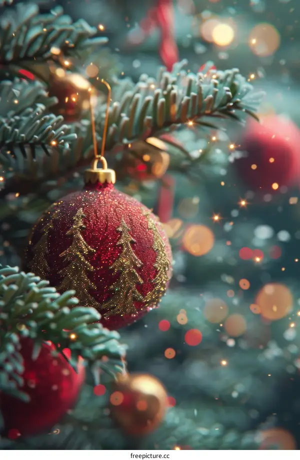 Christmas Tree Decorated with Red and Gold Ornaments