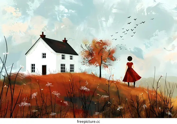 lonely woman in red dress looking at birds flying above the hill