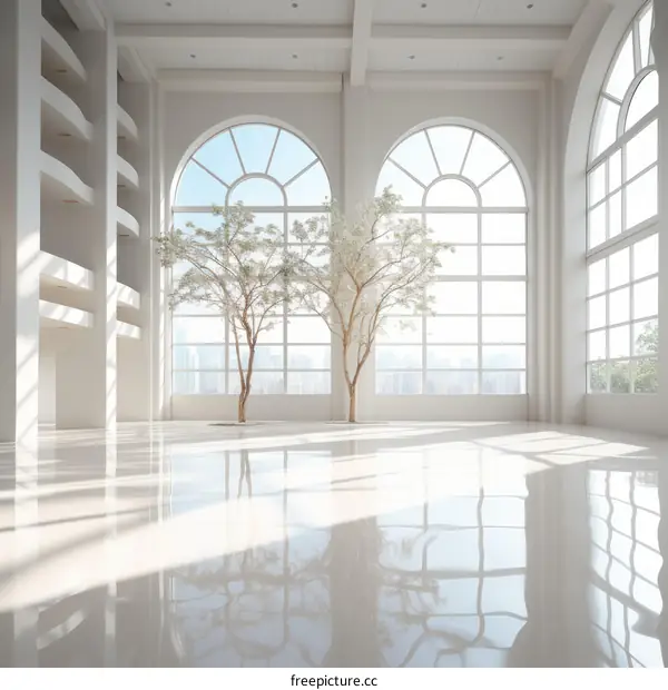 Modern Lobby with Two Trees and City View