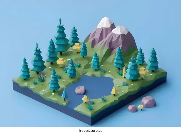 Low Poly 3D Scene with Mountains, Trees and a Lake