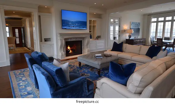 Bright Living Room with Fireplace and Blue Velvet Armchairs