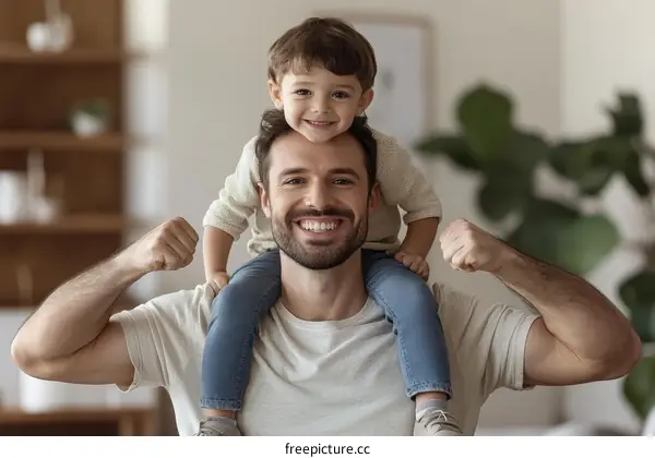 Proud Father Carrying Child on Shoulders