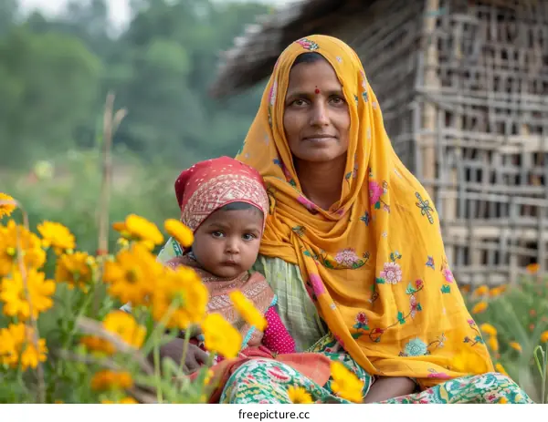 A mother and her child in a field of flowers.