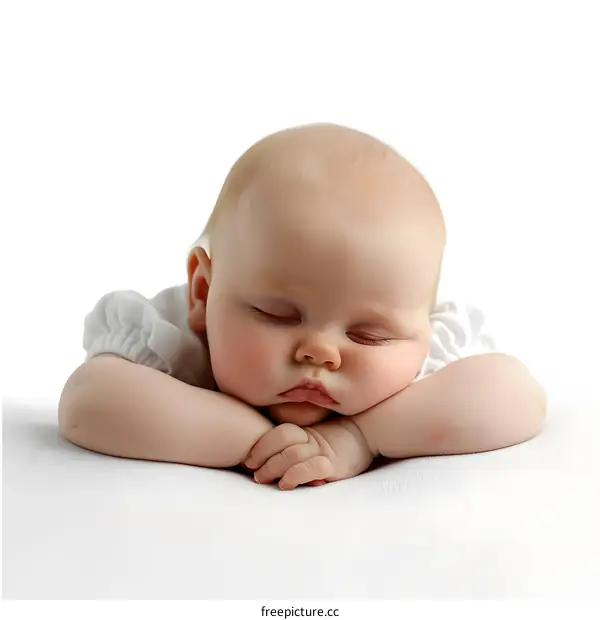 A sleeping baby girl with her hands folded on her chest